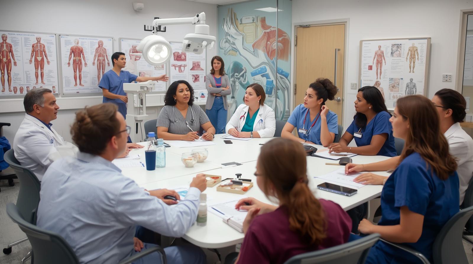Wielopokoleniowy zespół specjalistów w fartuchach medycznych dyskutuje przy okrągłym stole podczas warsztatów edukacyjnych.